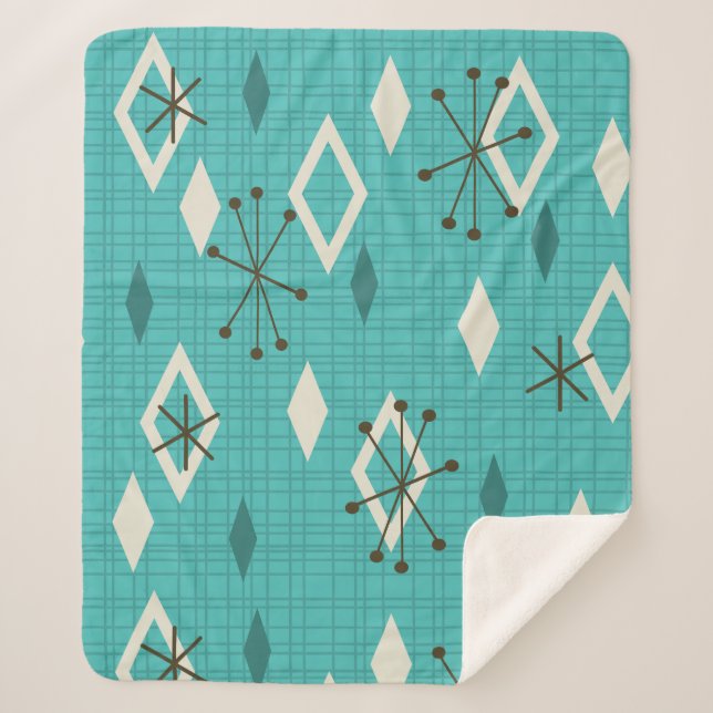 Mid Century Diamonds Starbursts Turquoise Sherpa Blanket (Front)