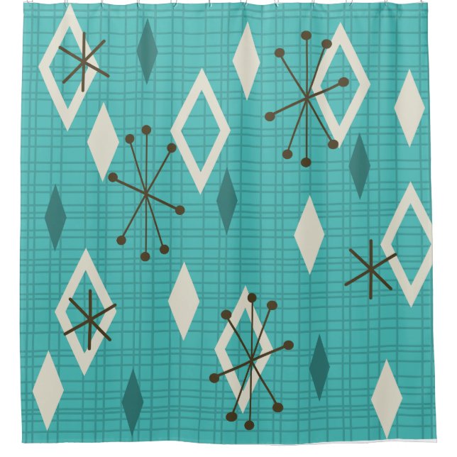 Mid Century Diamonds Starbursts Turquoise Shower Curtain (Front)