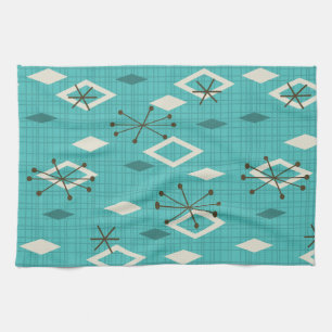 Mid Century Diamonds Starbursts Turquoise Tea Towel