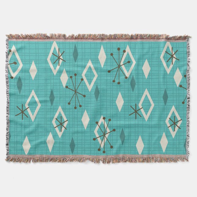 Mid Century Diamonds Starbursts Turquoise Throw Blanket (Front)
