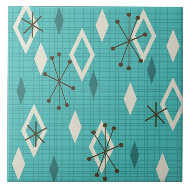 Mid Century Diamonds Starbursts Turquoise Tile (Front)