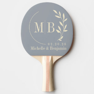 Mid-Century Dove Grey Leaf Wedding Monogram Ping Pong Paddle