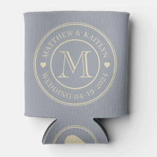 Mid-Century Dove Grey Wedding Monogram Heart Can Cooler
