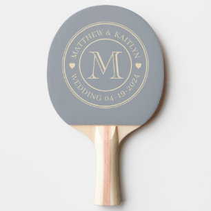 Mid-Century Dove Grey Wedding Monogram Heart Ping Pong Paddle