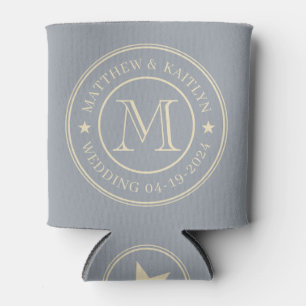 Mid-Century Dove Grey Wedding Monogram Star Can Cooler