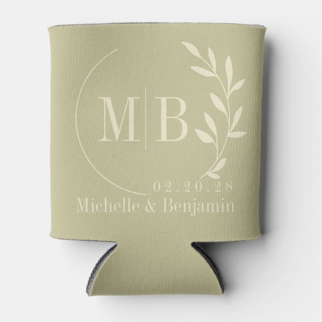 Mid-Century Dust Sage Leaf Wedding Monogram Can Cooler (Front)