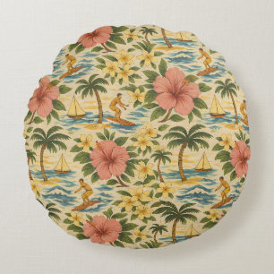 Mid Century Faded Hawaiian Shirt Print Round Cushion