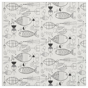 Mid-Century Fish Art Black and White Fabric