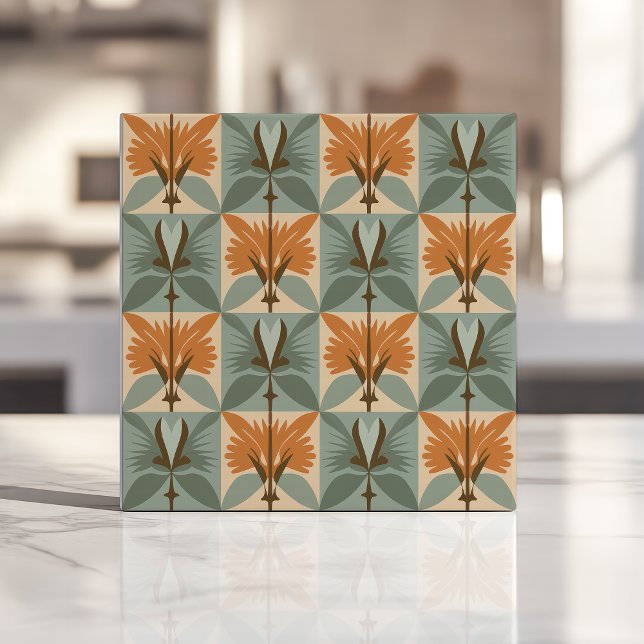 Mid-Century Floral Pattern in Orange and Blue Tile (Creator Uploaded)