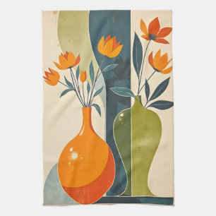 Mid-century Floral Smokey Blue Olive Green Pumpkin Tea Towel