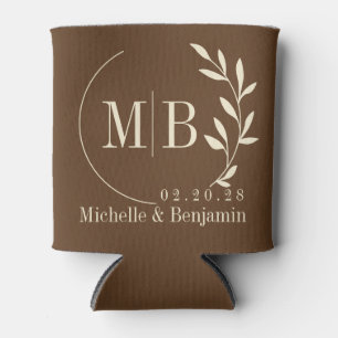 Mid-Century Forest Brown Leaf Wedding Monogram Can Cooler