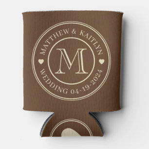 Mid-Century Forest Brown Wedding Monogram Heart Can Cooler