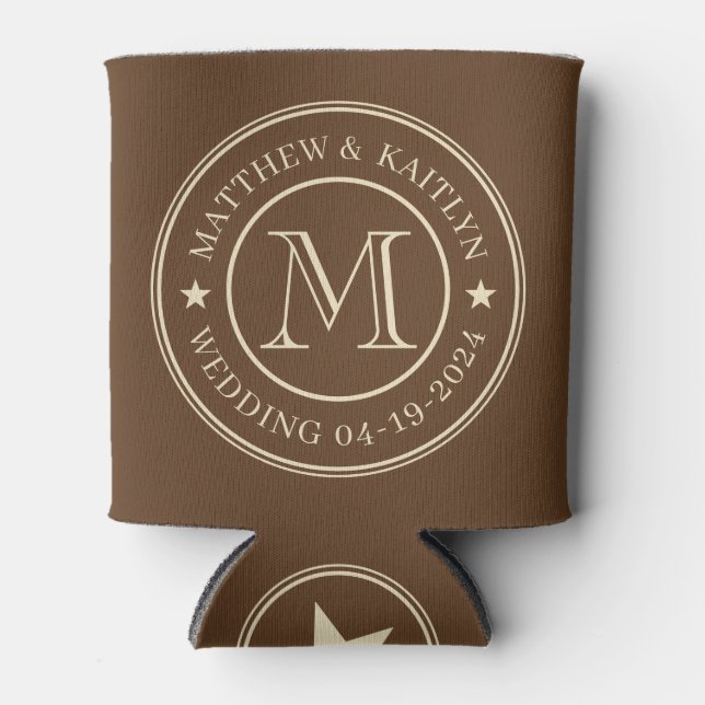 Mid-Century Forest Brown Wedding Monogram Star Can Cooler (Front)