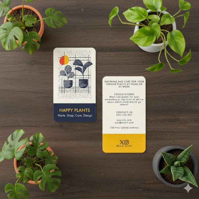Mid Century fun Modern House Plant Yellow and Navy Business Card (Mid Century fun Modern House Plant Yellow and Navy bold Business Card.)