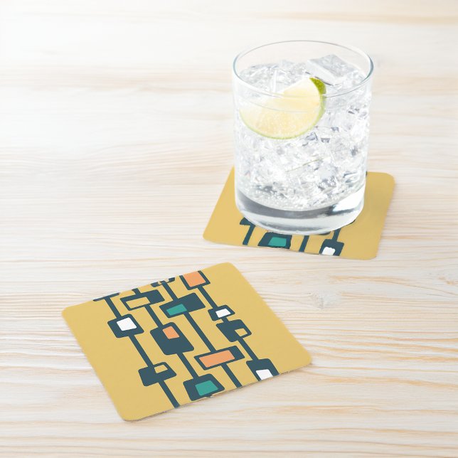 Mid Century Funky Blocks Yellow Square Paper Coaster (Creator Uploaded)