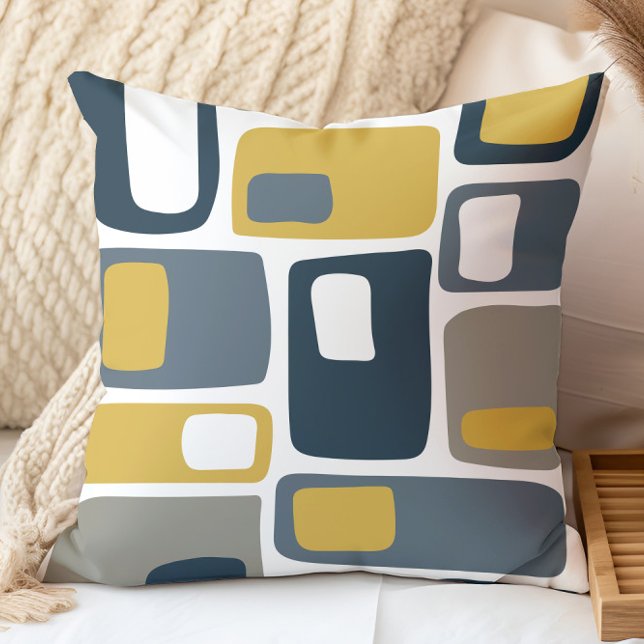 Mid Century Funky Geometric Shapes Navy Mustard Cushion (Creator Uploaded)