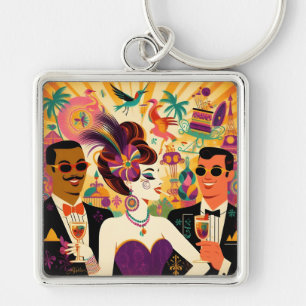 Mid Century Futuristic Mardi Gras Cocktail Party Key Ring