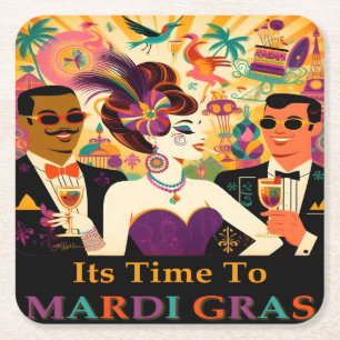 Mid Century Futuristic Mardi Gras Cocktail Party Square Paper Coaster