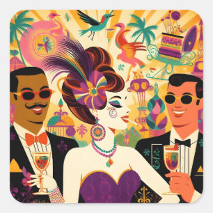 Mid Century Futuristic Mardi Gras Cocktail Party Square Sticker