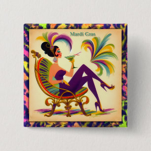 Mid Century Futuristic Mardi Gras Martini Woman 15 Cm Square Badge
