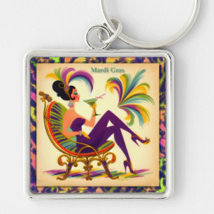Mid Century Futuristic Mardi Gras Martini Woman Key Ring