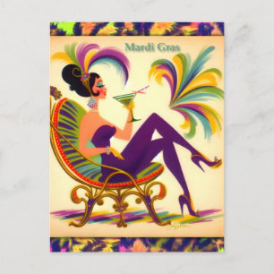 Mid Century Futuristic Mardi Gras Martini Woman Postcard
