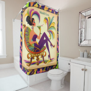 Mid Century Futuristic Mardi Gras Martini Woman Shower Curtain