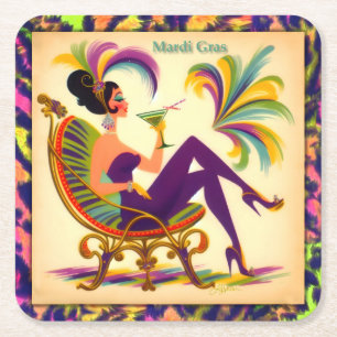 Mid Century Futuristic Mardi Gras Martini Woman Square Paper Coaster