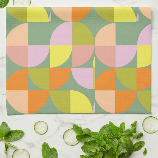 Mid Century Geometric Design Green Yellow Pink Pur Tea Towel (Folded)