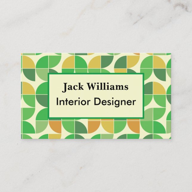 Mid Century Geometric Floral Green Custom  Business Card (Front)