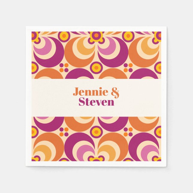 Mid Century Geometric Floral Purple Orange Napkin (Front)