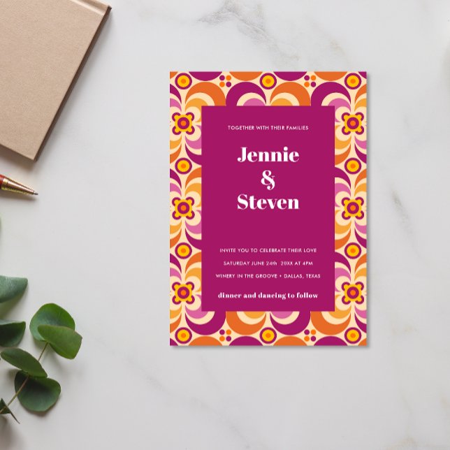 Mid Century Geometric Modern Purple Orange wedding Invitation (Creator Uploaded)