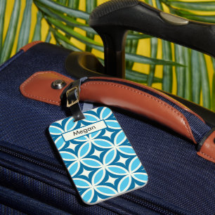 Mid Century Geometric Pattern Blue Monogram Luggage Tag