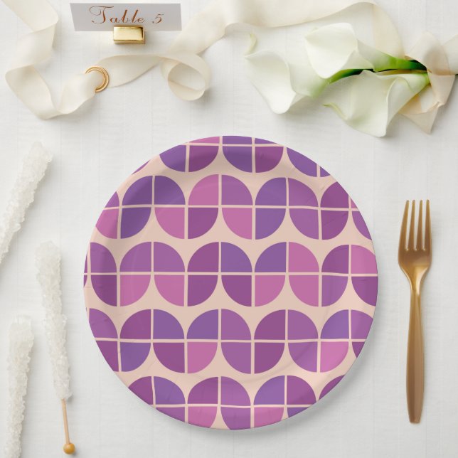 Mid Century Geometric Pink Purple Pattern  Paper Plate (Wedding)