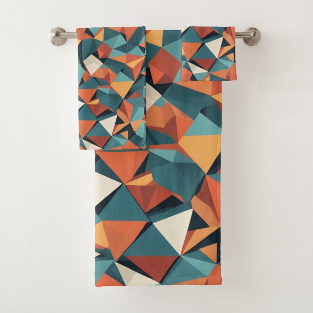 Mid-Century Geometric Teal & Orange Pattern Bath Towel Set (Insitu)