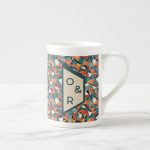 Mid-Century Geometric Teal & Orange Pattern Bone China Mug
