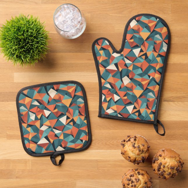 Mid-Century Geometric Teal & Orange Pattern Oven Mitt & Pot Holder Set (Top Down)