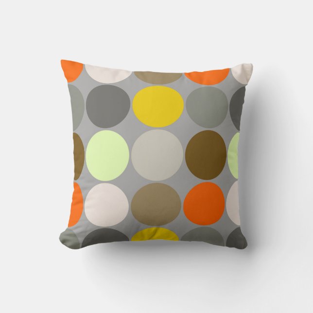 Mid-Century Giant Dots, Grey, Gold and Orange Cushion (Front)