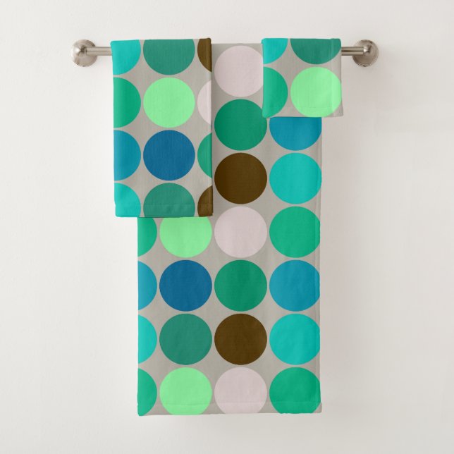 Mid-Century Giant Dots, Turquoise and Gray Bath Towel Set (Insitu)