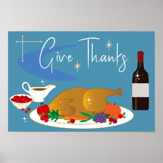 Mid Century Give Thanks Retro Happy Thanksgiving Poster (Front)