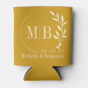 Mid-Century Golden Ochre Leaf Wedding Monogram Can Cooler
