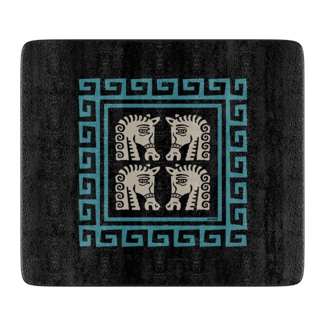 Mid Century Greek Key with Horses Cutting Board (Front)