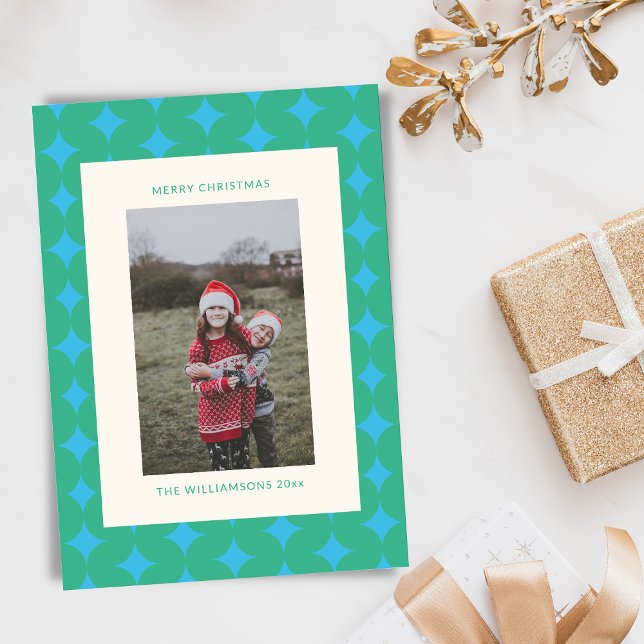 Mid Century Green Blue Geometric Christmas Photo Holiday Card (Creator Uploaded)
