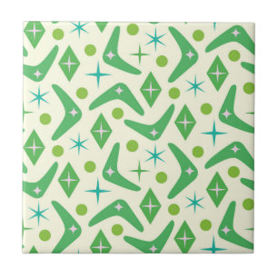 Mid Century Green Boomerangs with Starbursts  Tile