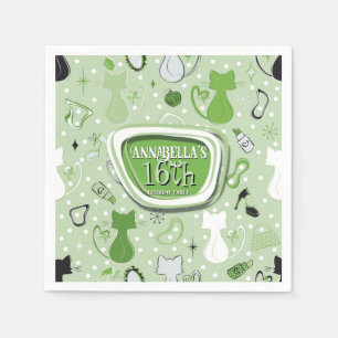 Mid Century Green Heart Cats Birthday Napkin