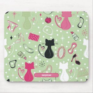 Mid Century Green Heart Cats Mouse Mat
