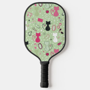 Mid Century Green Heart Cats Pickleball Paddle