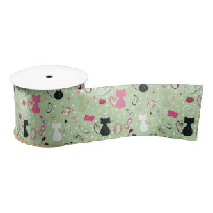 Mid Century Green Heart Cats Satin Ribbon