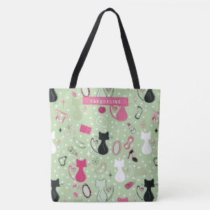 Mid Century Green Heart Cats Tote Bag