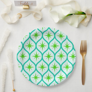 Mid Century Green Starbursts on Ogee Pattern  Paper Plate